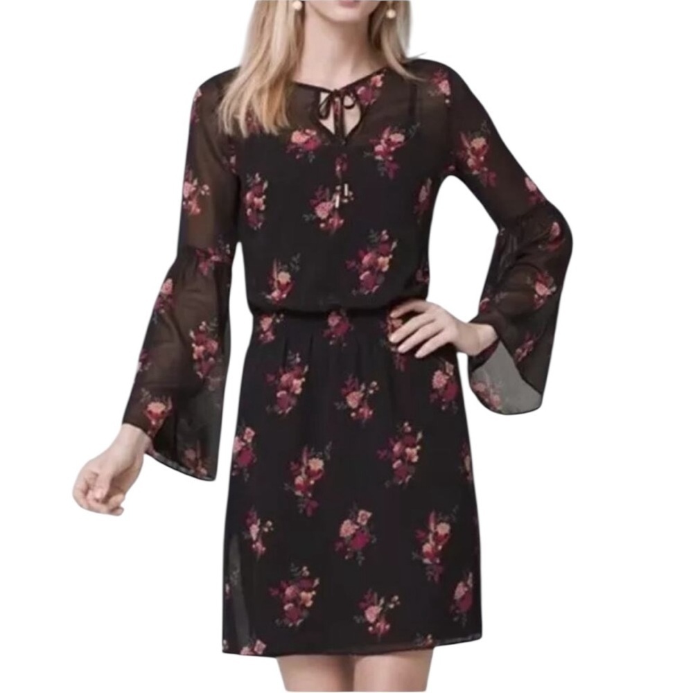 White House Black Market Bell Sleeve Floral Print Mini Dress S Black Pink Boho